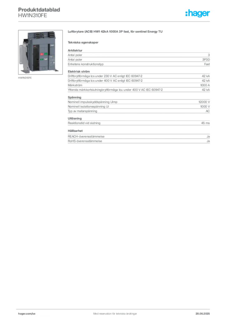 Bild Hager Produktdatablad HW1N310FE | Hager Sverige