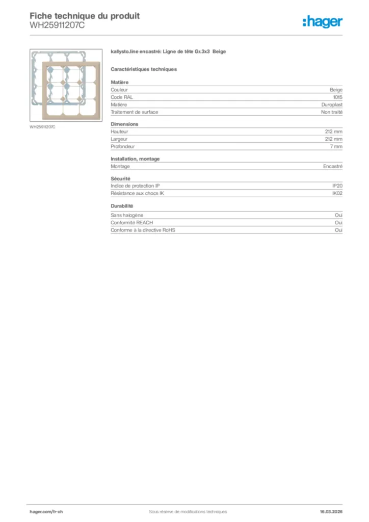 Image Hager Fiche technique du produit WH25911207C | Hager Suisse