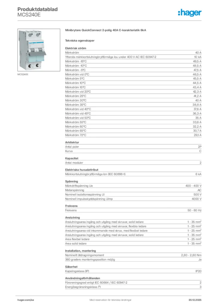 Bild Hager Produktdatablad MCS240E | Hager Sverige