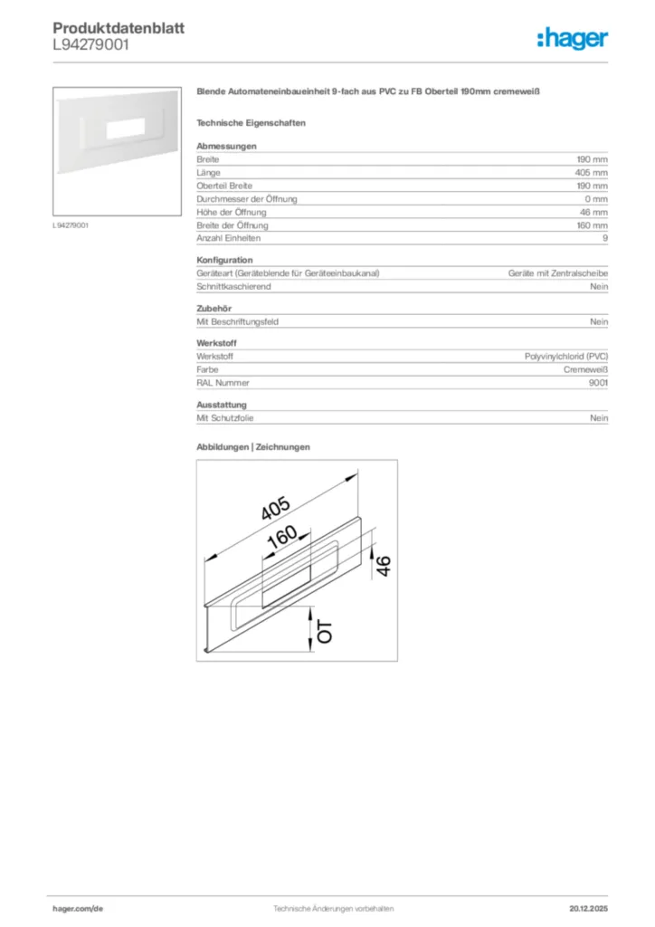 Bild Hager Produktdatenblatt L94279001 | Hager Deutschland