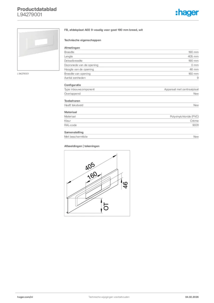 Afbeelding Hager Productdatablad L94279001 | Hager Nederland