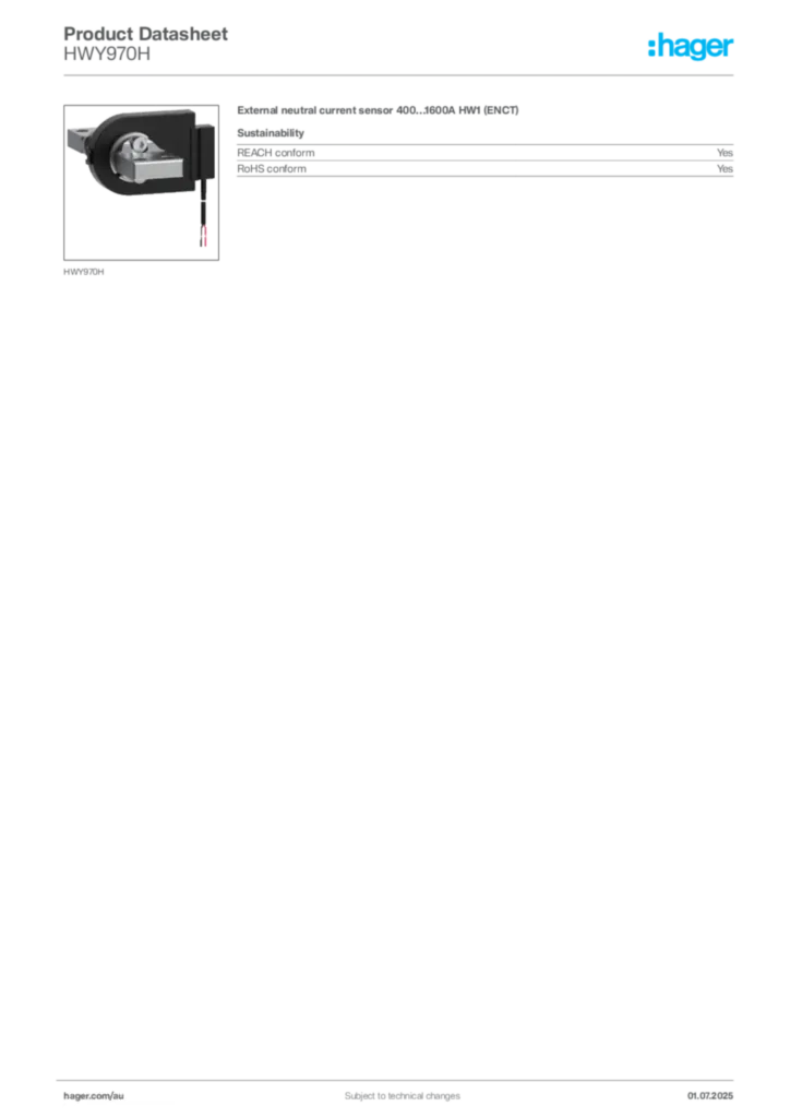 Image Hager Product data sheet HWY970H  | Hager Australia
