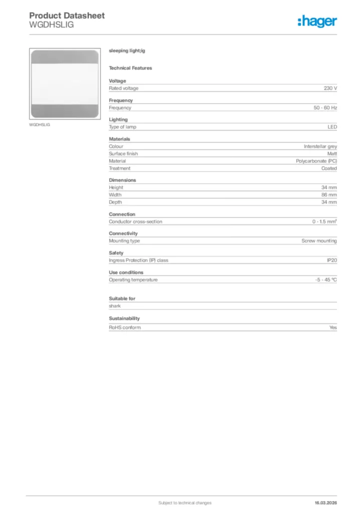 Image Hager Product data sheet WGDHSLIG  | Hager Africa