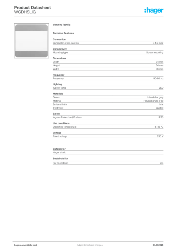 Image Hager Product data sheet WGDHSLIG  | Hager