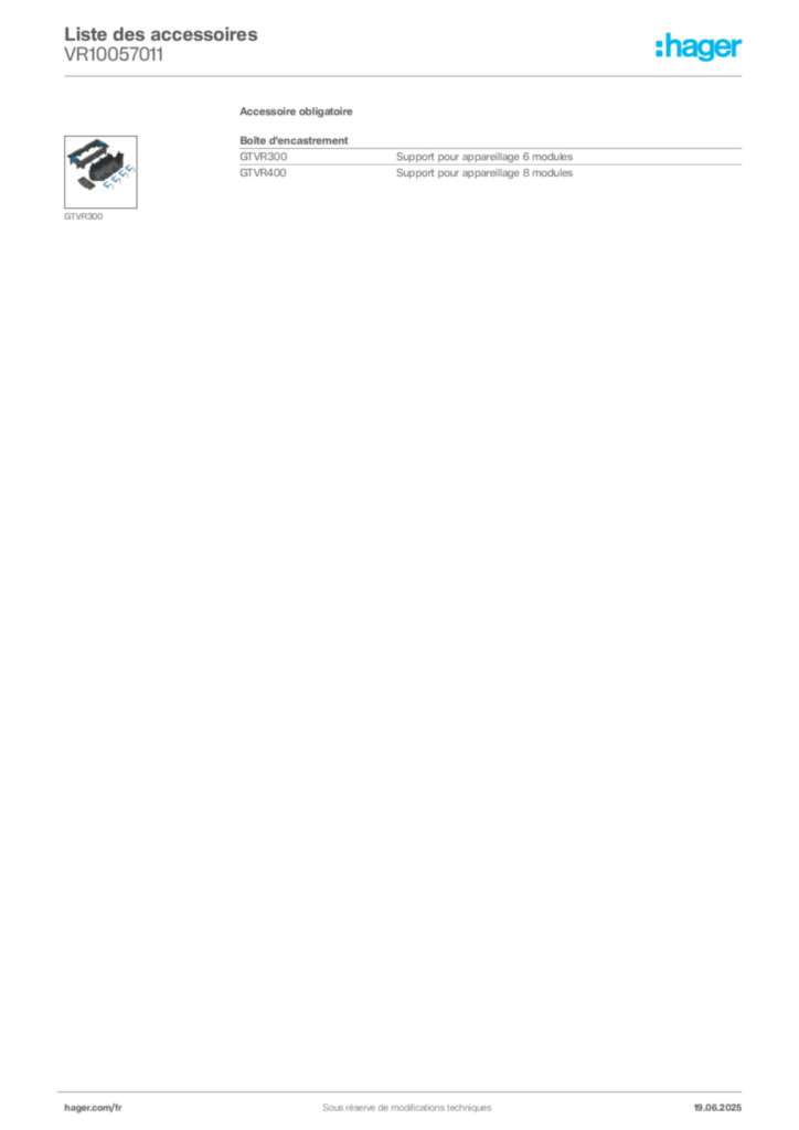 Image Hager Fiche technique du produit VR10057011 | Hager France