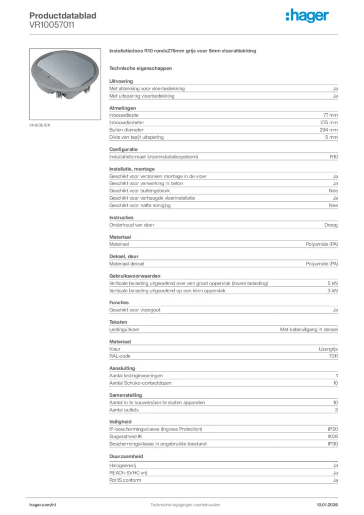 Afbeelding Hager Productdatablad VR10057011 | Hager Nederland