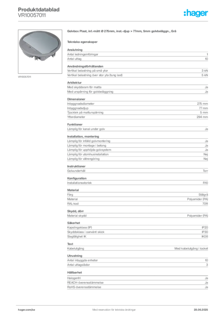 Bild Hager Produktdatablad VR10057011 | Hager Sverige