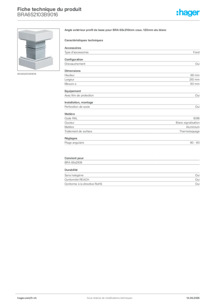 Image Hager Fiche technique du produit BRA652103B9016 | Hager Suisse