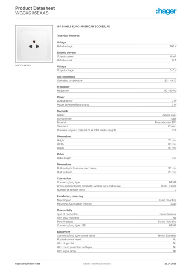 Image Hager Product data sheet WGCXS116EAAS  | Hager