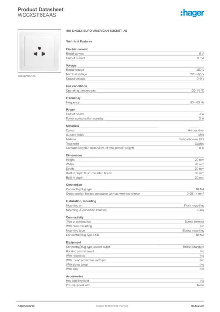 Image Hager Product data sheet WGCXS116EAAS  | Hager
