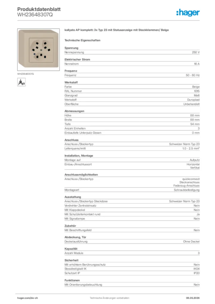 Bild Hager Produktdatenblatt WH23648307Q | Hager Schweiz