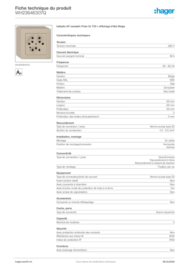 Image Hager Fiche technique du produit WH23648307Q | Hager Suisse