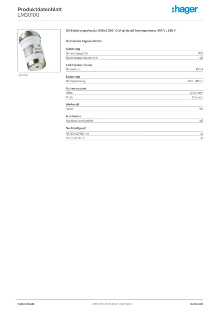 Bild Hager Produktdatenblatt LM30100 | Hager Deutschland