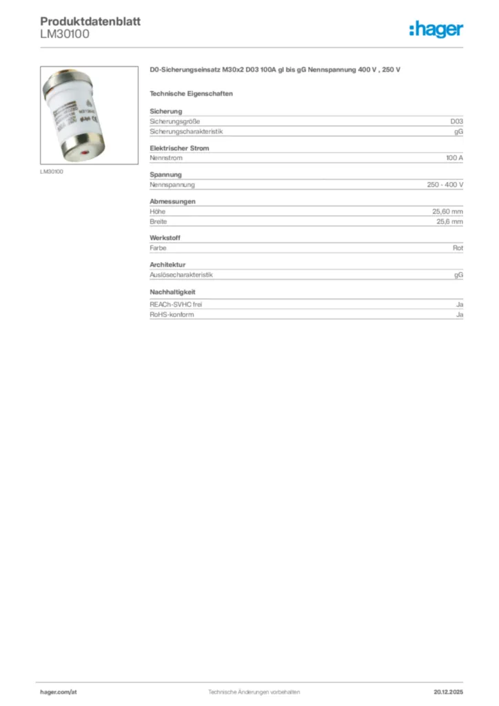 Bild Hager Produktdatenblatt LM30100 | Hager Deutschland