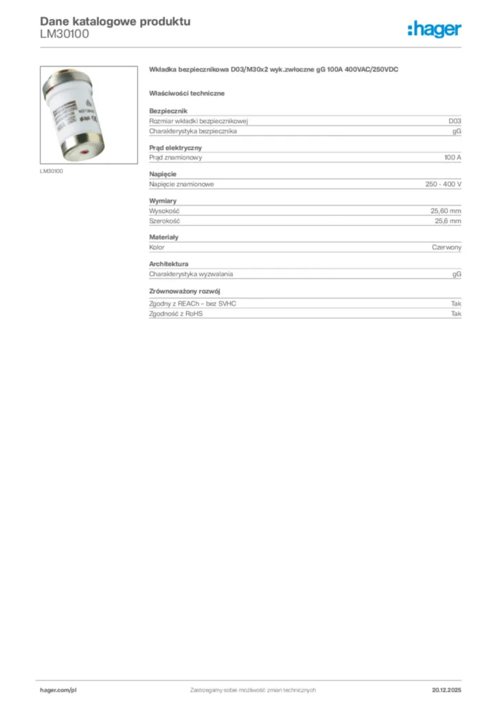 Zdjęcie Hager Dane katalogowe produktu LM30100 | Hager Polska