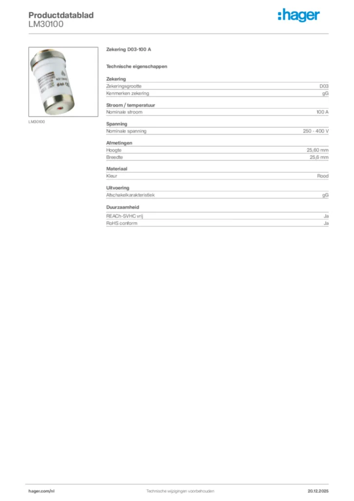 Afbeelding Hager Productdatablad LM30100 | Hager Nederland