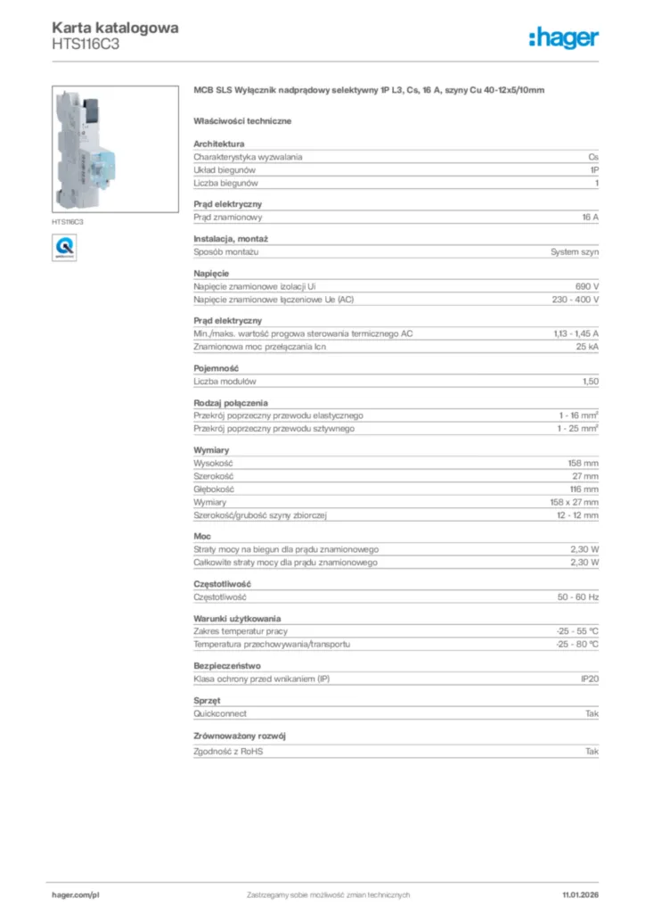 Zdjęcie Hager Karta katalogowa HTS116C3 | Hager Polska