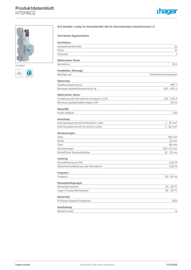 Bild Hager Produktdatenblatt HTS116C2 | Hager Deutschland