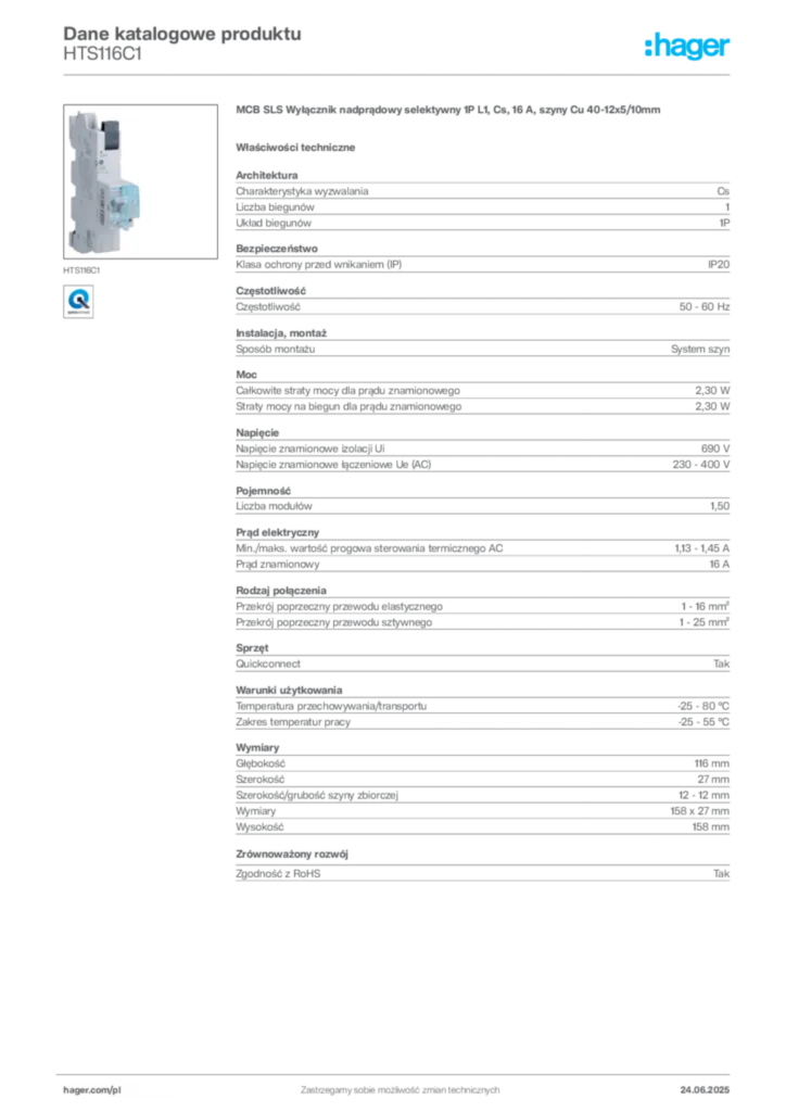 Zdjęcie Hager Dane katalogowe produktu HTS116C1 | Hager Polska