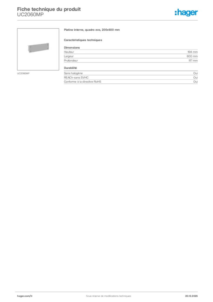 Image Hager Fiche technique du produit UC2060MP | Hager France