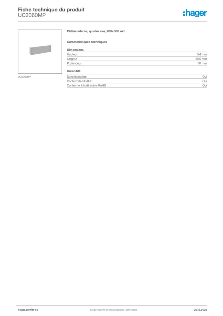 Image Hager Fiche technique du produit UC2060MP | Hager Belgique