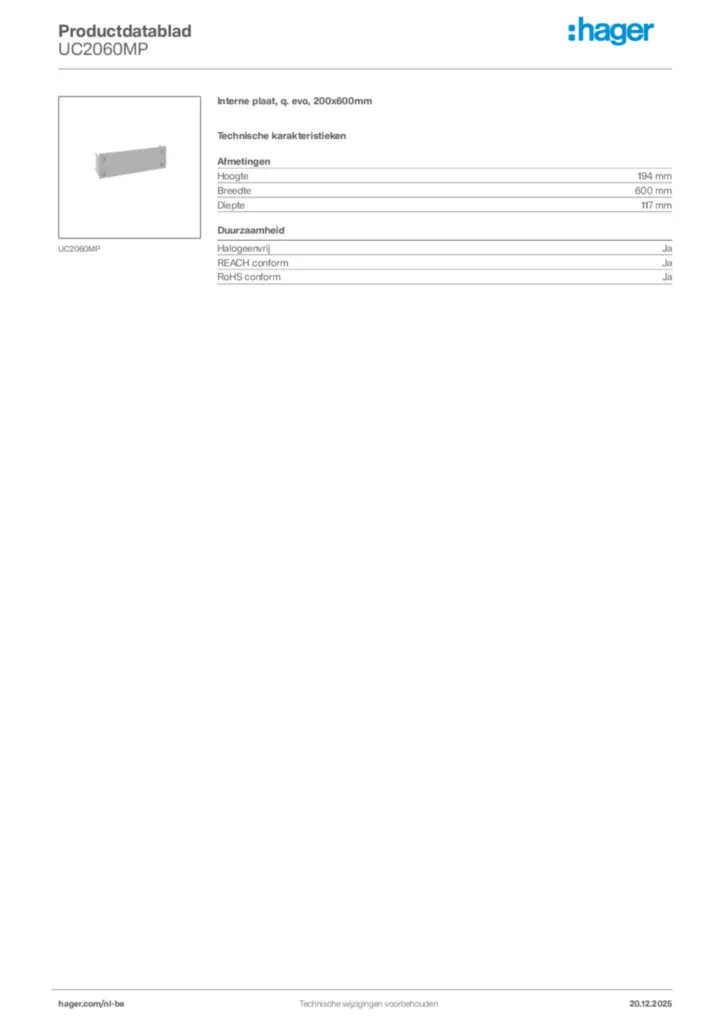 Afbeelding Hager Productdatablad UC2060MP | Hager Belgium