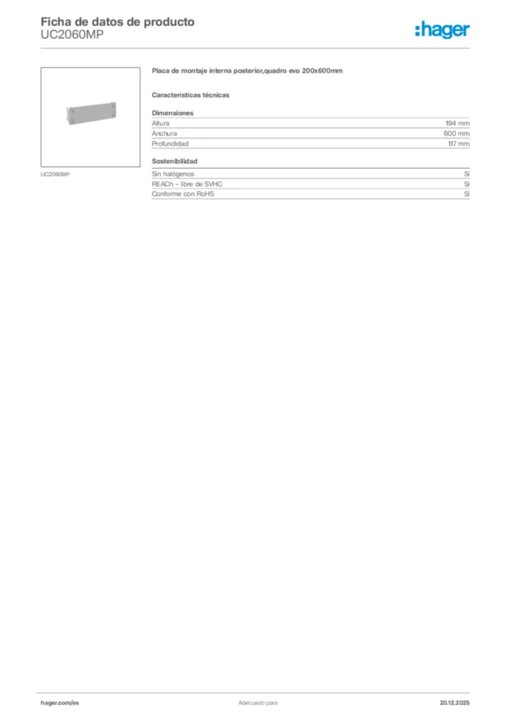 Imagen Hager Ficha de datos de producto UC2060MP | Hager España
