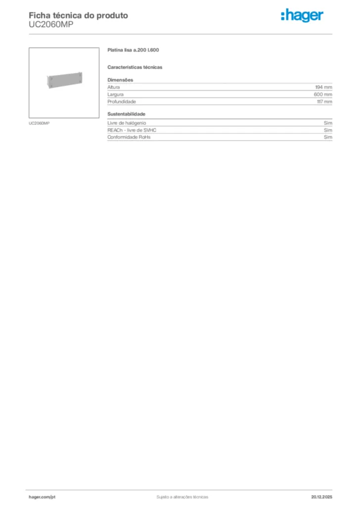 Imagem Hager Ficha técnica do produto UC2060MP | Hager Portugal