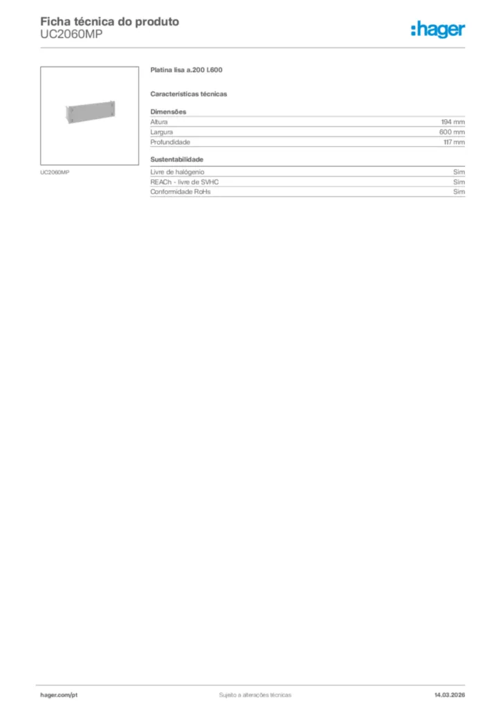 Imagem Hager Ficha técnica do produto UC2060MP | Hager Portugal