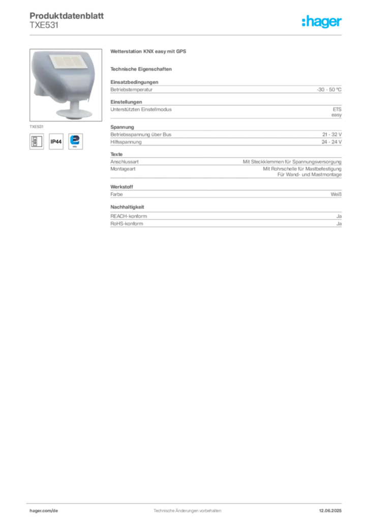 Bild Hager Produktdatenblatt TXE531 | Hager Deutschland