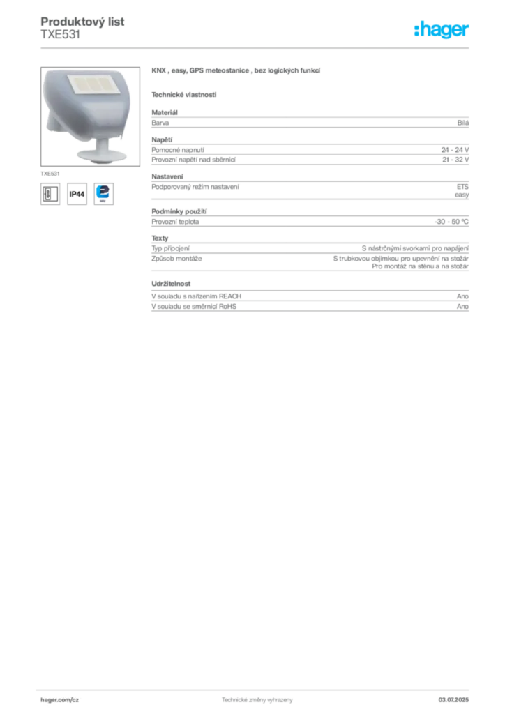 Obrázek Hager Produktový list TXE531 | Hager