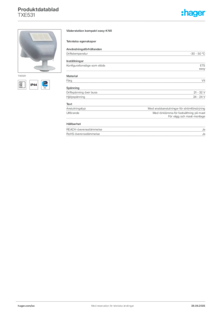Bild Hager Produktdatablad TXE531 | Hager Sverige
