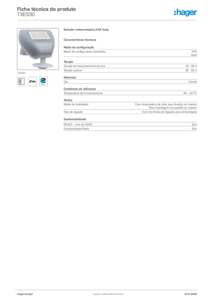 Imagem Hager Ficha técnica do produto TXE530 | Hager Portugal