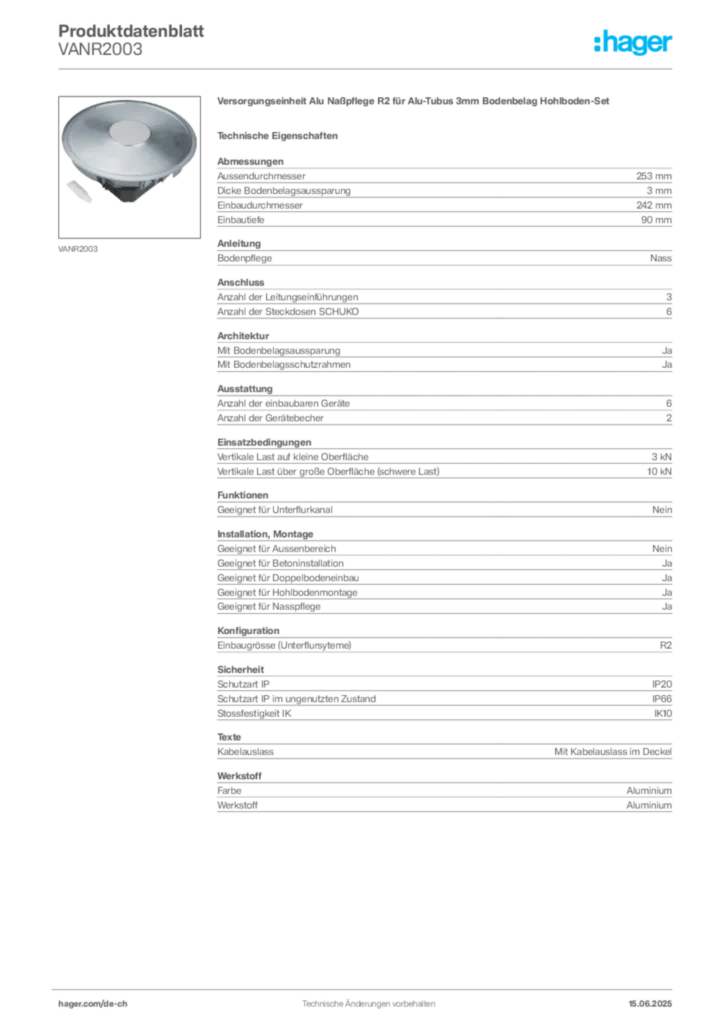 Bild Hager Produktdatenblatt VANR2003 | Hager Schweiz