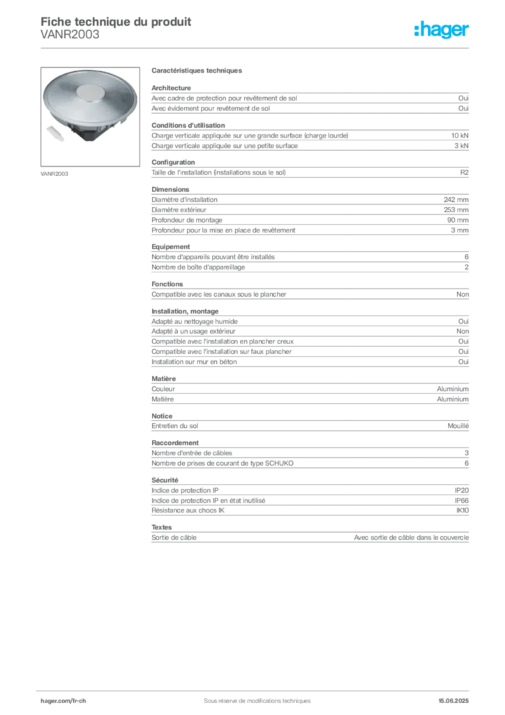 Image Hager Fiche technique du produit VANR2003 | Hager Suisse
