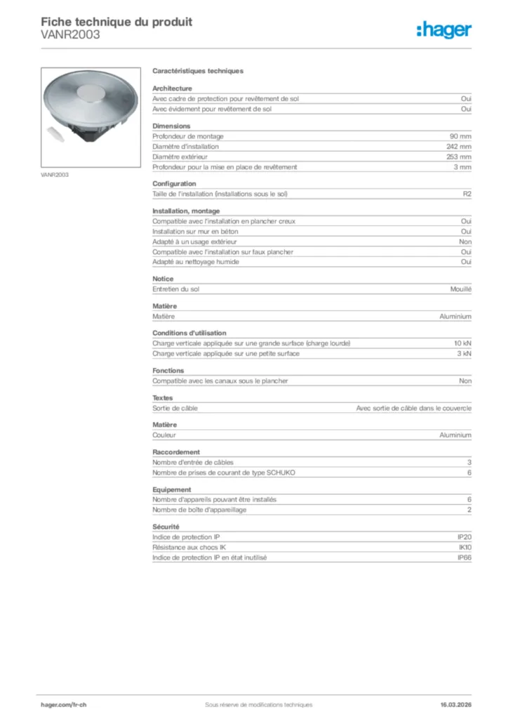 Image Hager Fiche technique du produit VANR2003 | Hager Suisse