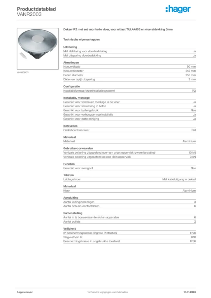 Afbeelding Hager Productdatablad VANR2003 | Hager Nederland