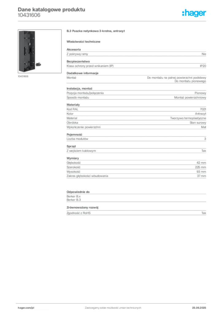 Zdjęcie Hager Dane katalogowe produktu 10431606 | Hager Polska