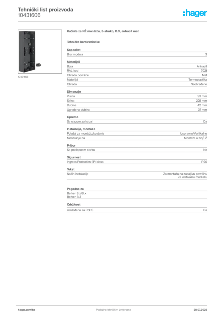 Slika Hager Product data sheet 10431606  | Hager