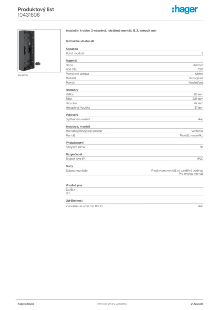 Obrázek Hager Produktový list 10431606 | Hager