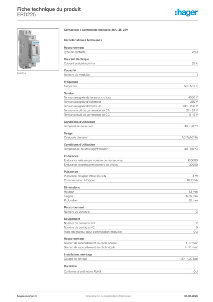 Image Hager Fiche technique du produit ERD225 | Hager Afrique