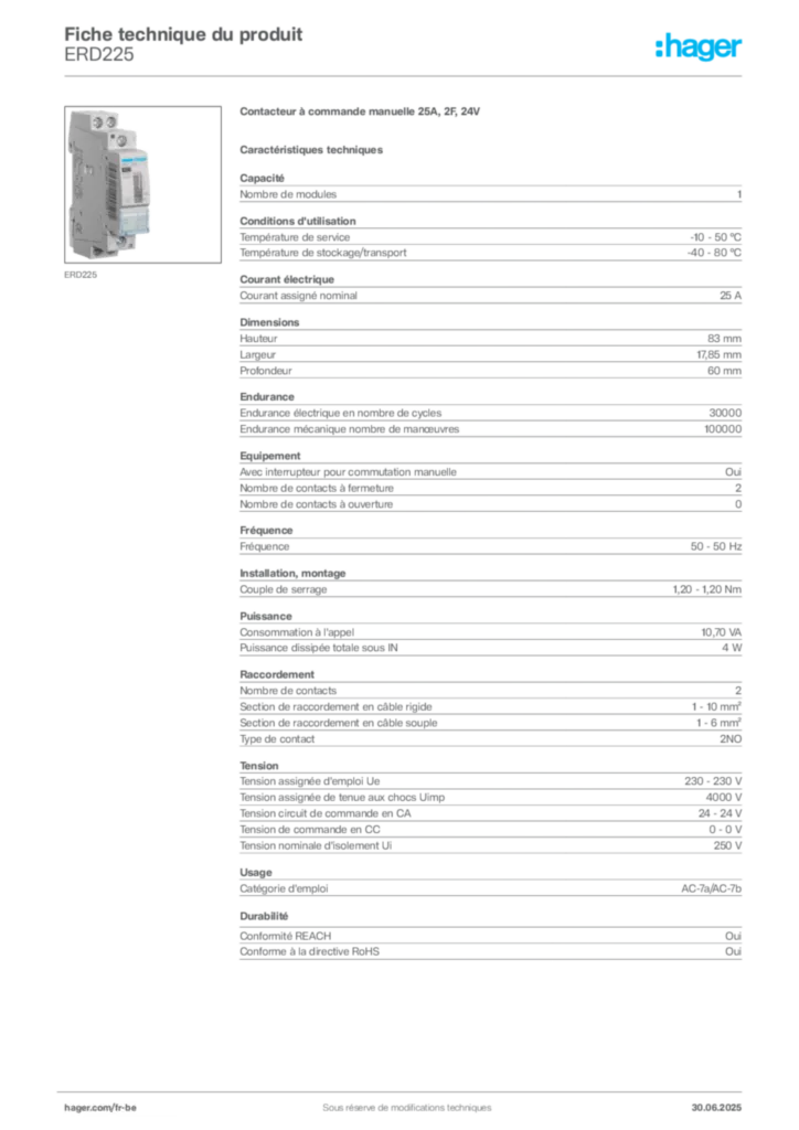 Image Hager Fiche technique du produit ERD225 | Hager Belgique