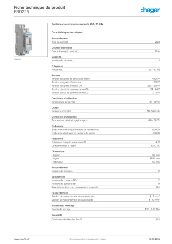 Image Hager Fiche technique du produit ERD225 | Hager Suisse