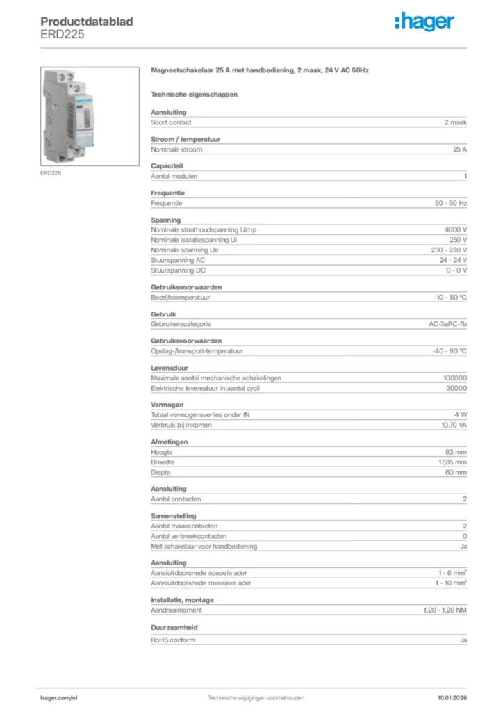 Afbeelding Hager Productdatablad ERD225 | Hager Nederland