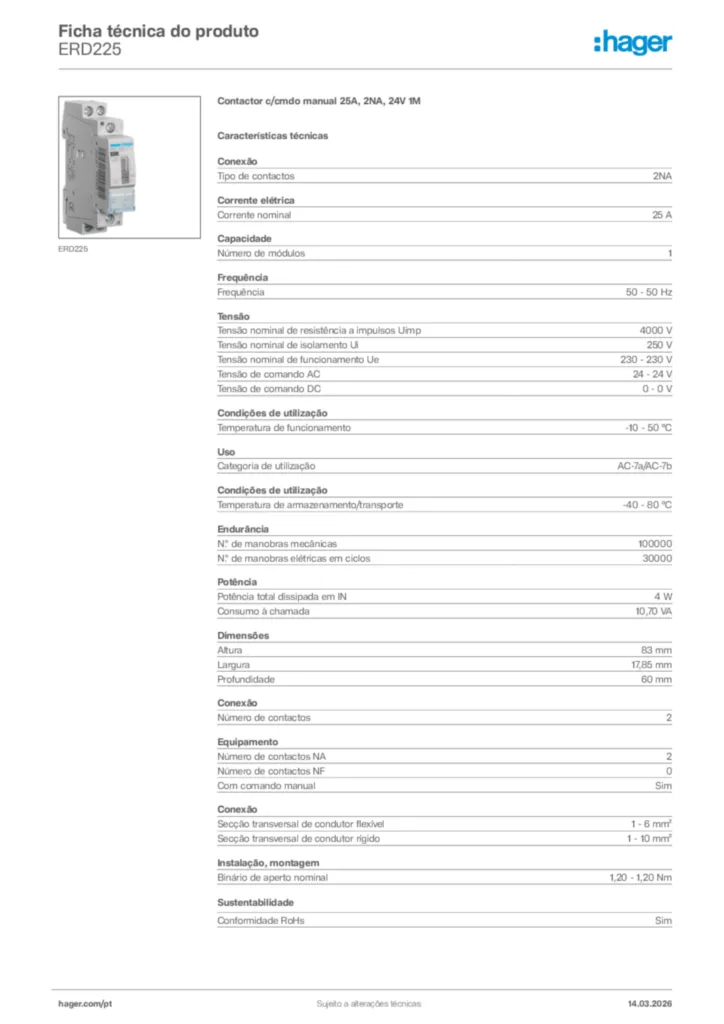 Imagem Hager Ficha técnica do produto ERD225 | Hager Portugal