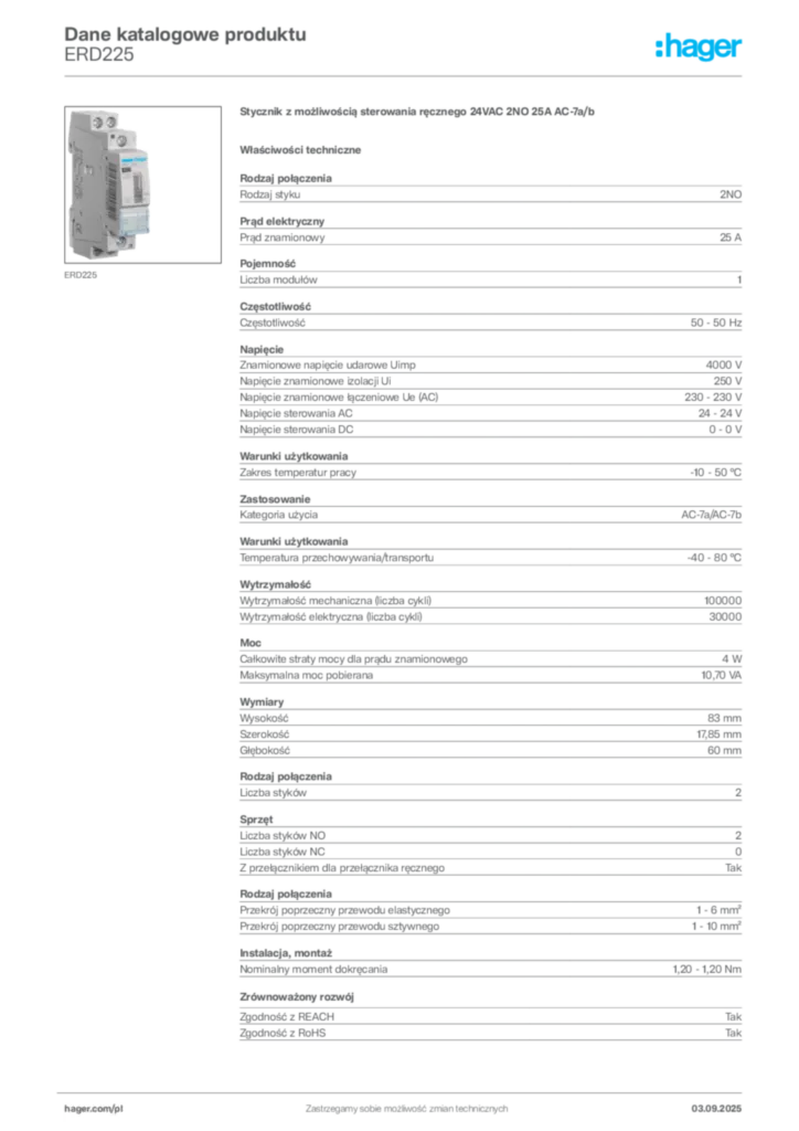 Zdjęcie Hager Dane katalogowe produktu ERD225 | Hager Polska