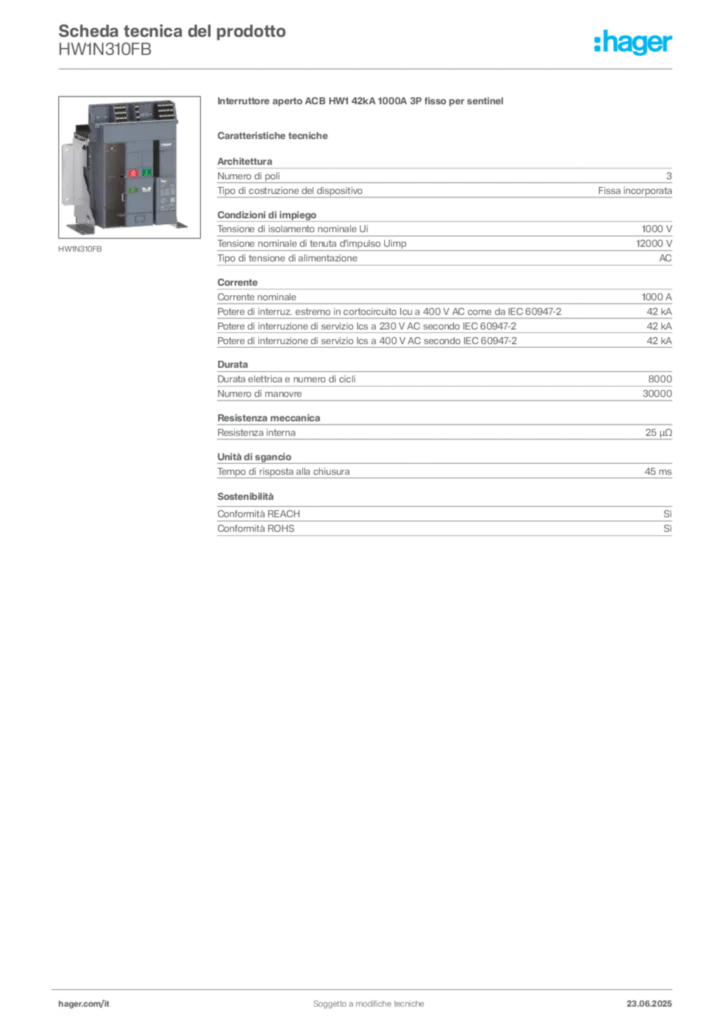 Immagine Hager Scheda tecnica del prodotto HW1N310FB | Hager Italia