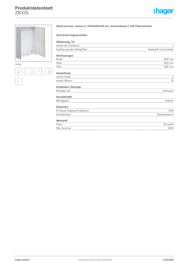 Hager Produktdatenblatt ZB33S