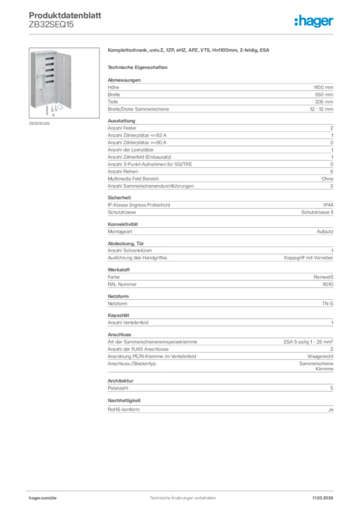 Bild Hager Produktdatenblatt ZB32SEQ15 | Hager Deutschland