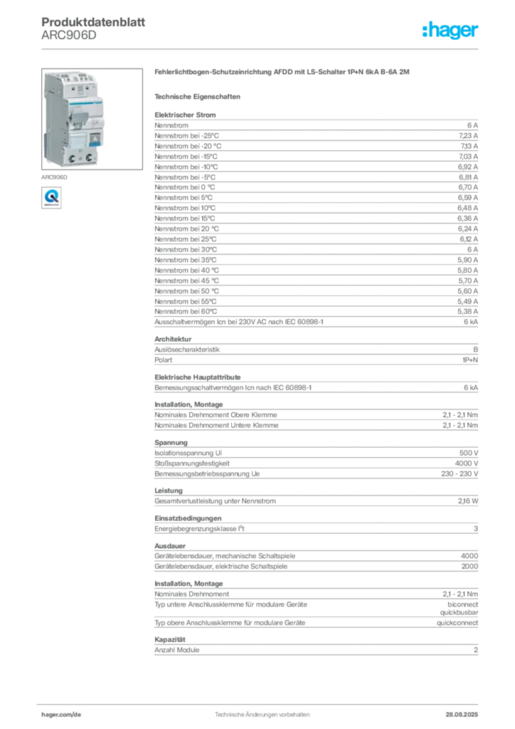 Bild Hager Produktdatenblatt ARC906D | Hager Deutschland